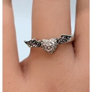 Pave CZ Heart Wing Silver Tone Ring Size 7.75